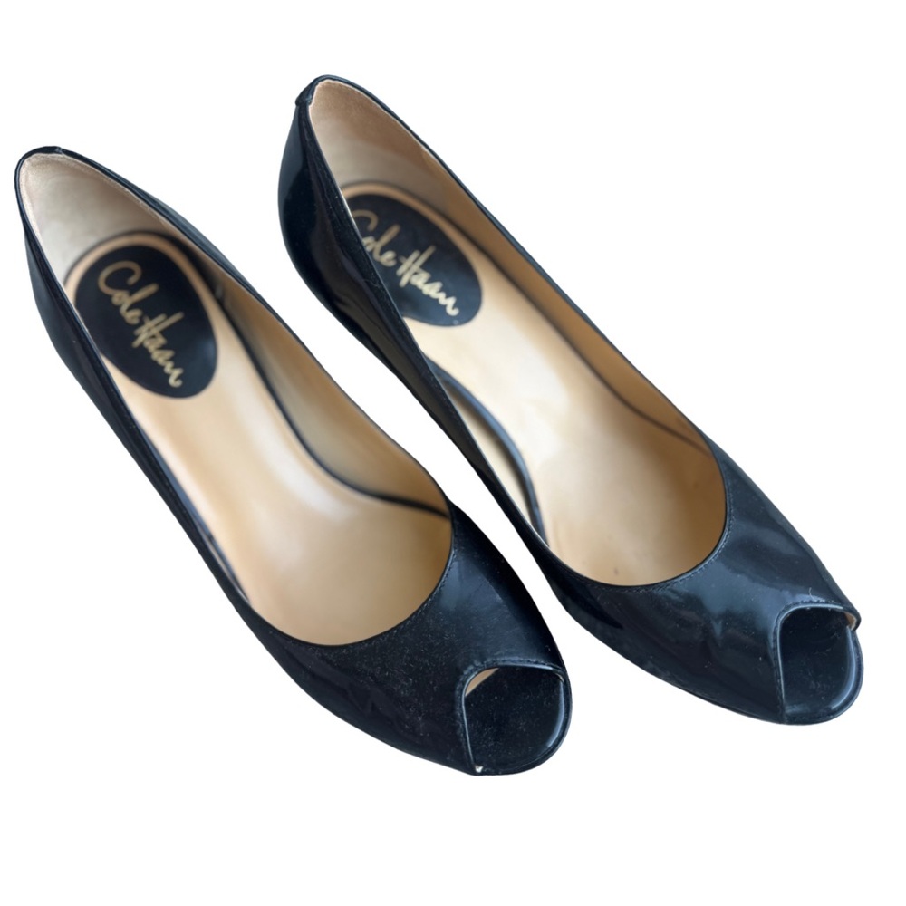 Cole Haan Nike Air Black patent Leather Peep Toe Heels 8.5AA VGC 8.5 platform